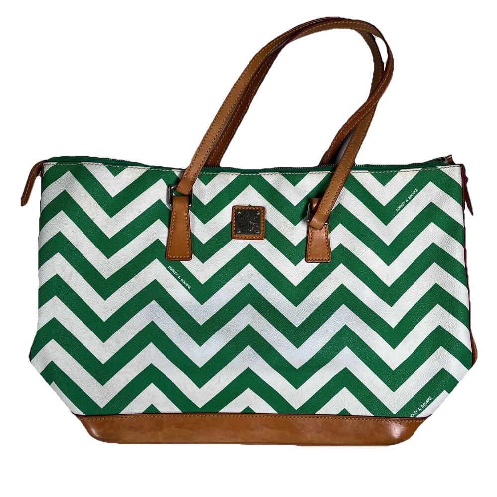 Dooney & Bourke Green White Chevron Tote Bag Purse Carry Strap See Photos